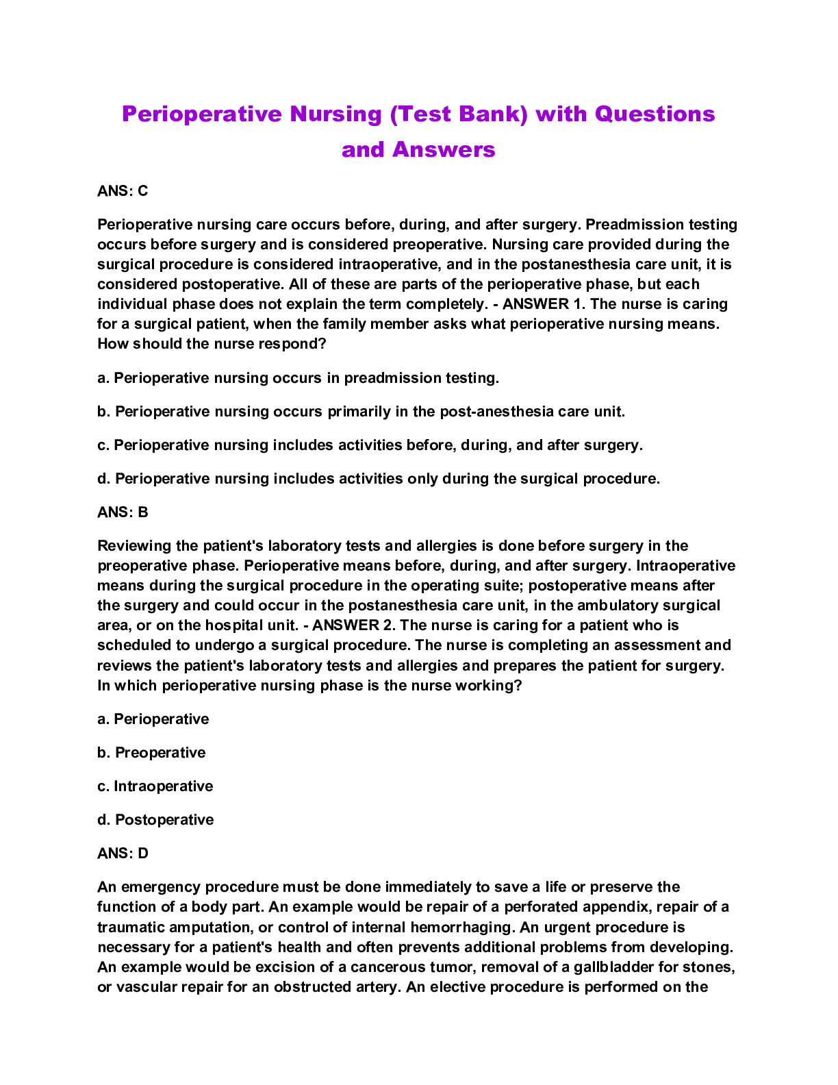 Preview image for Perioperative Nursing (Test Bank) with Questions and Answers